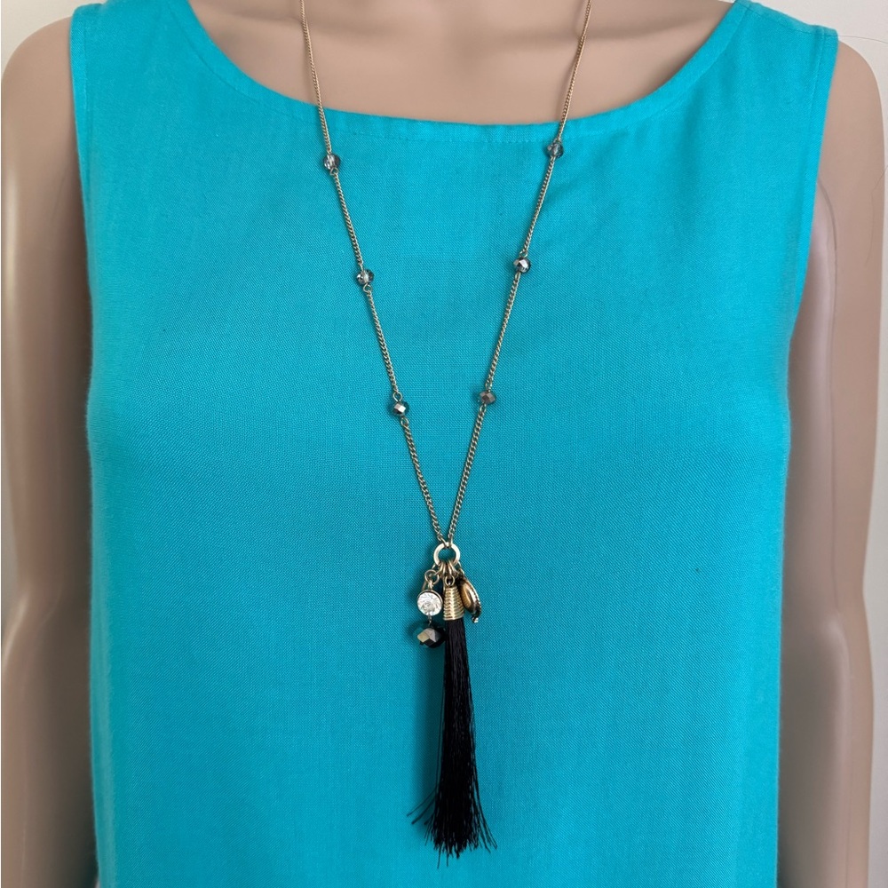 Black Tassel and Gold Long Chain Necklace and Earrings NWT